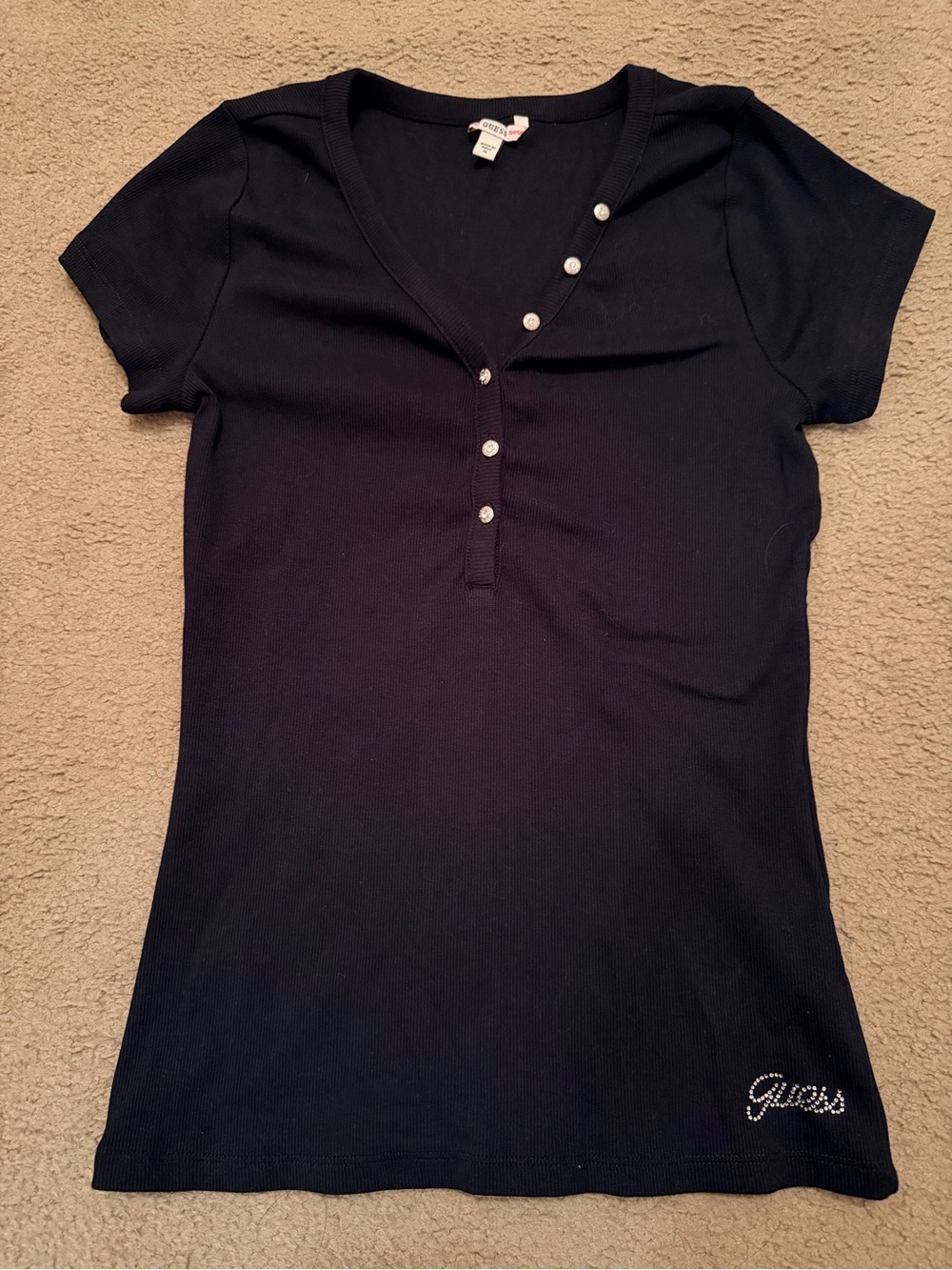 Guess Black Short-Sleeve Ribbed Shirt with Logo Detail